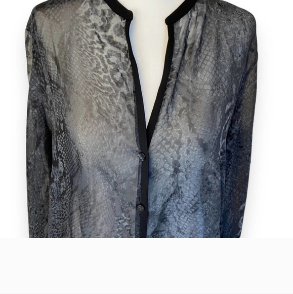 Tahari Long Sheer Blouse Snakeskin Black Gray Print Button Down Top - Picture 8 of 12